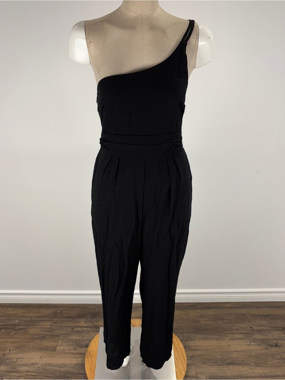 ANRABESS Black One Shoulder Pleated High Waist Wide Leg Jumpsuit Size S NWT
